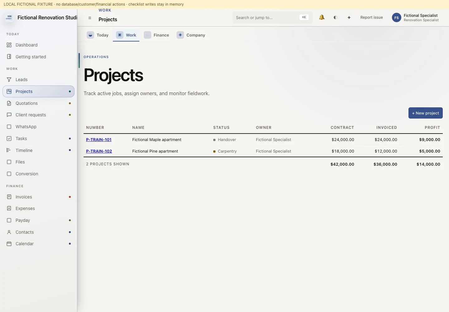 MRN Quoter workspace with fictional training data